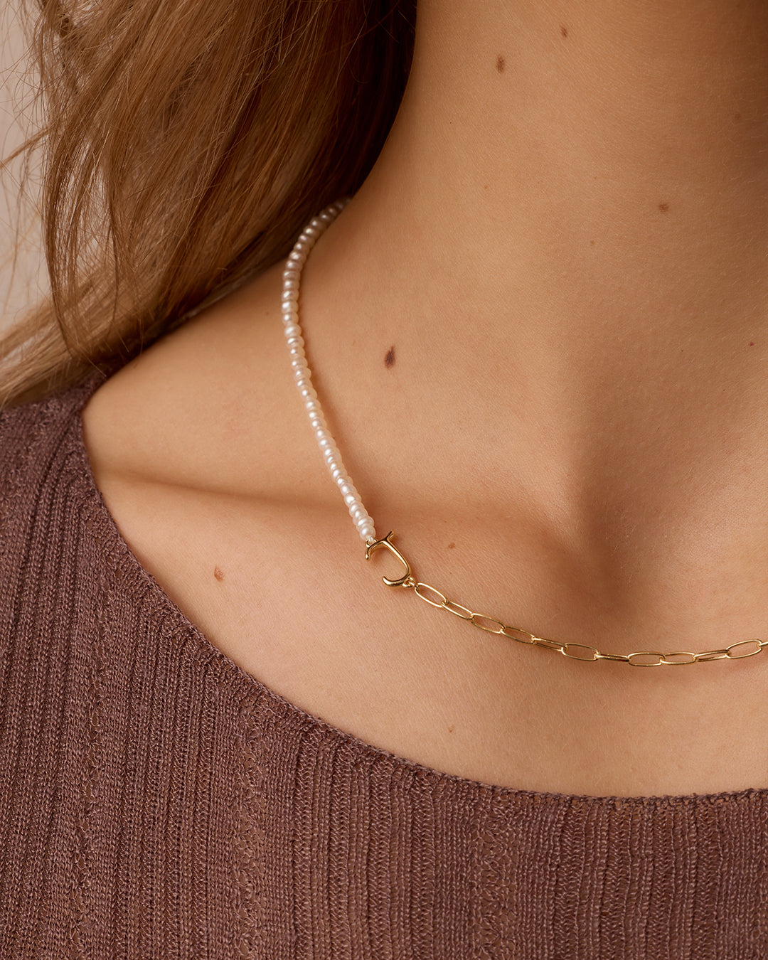 Lou Pearl Alphabet Necklace || option::18K Gold Plated, J