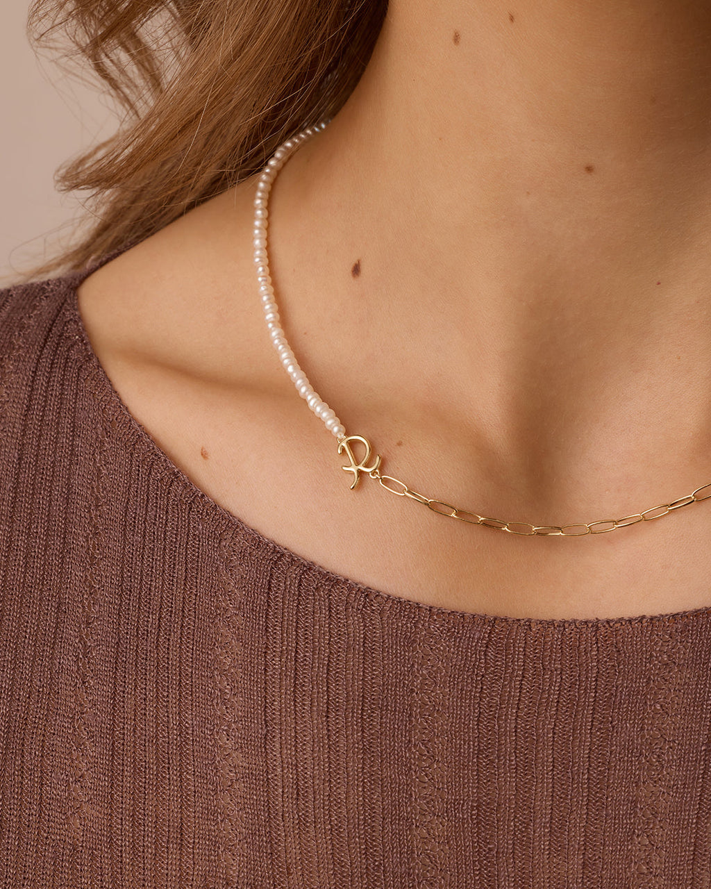 Lou Pearl Alphabet Necklace || option::18K Gold Plated, R