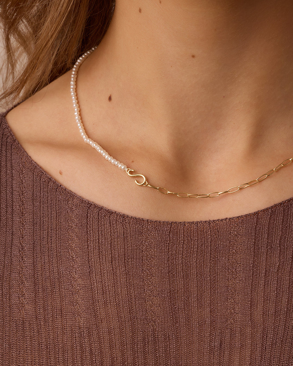 Lou Pearl Alphabet Necklace || option::18K Gold Plated, T