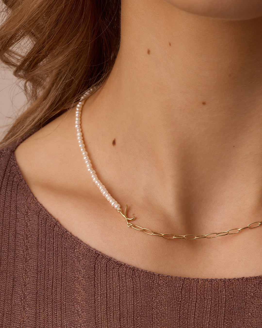 Lou Pearl Alphabet Necklace || option::18K Gold Plated, X