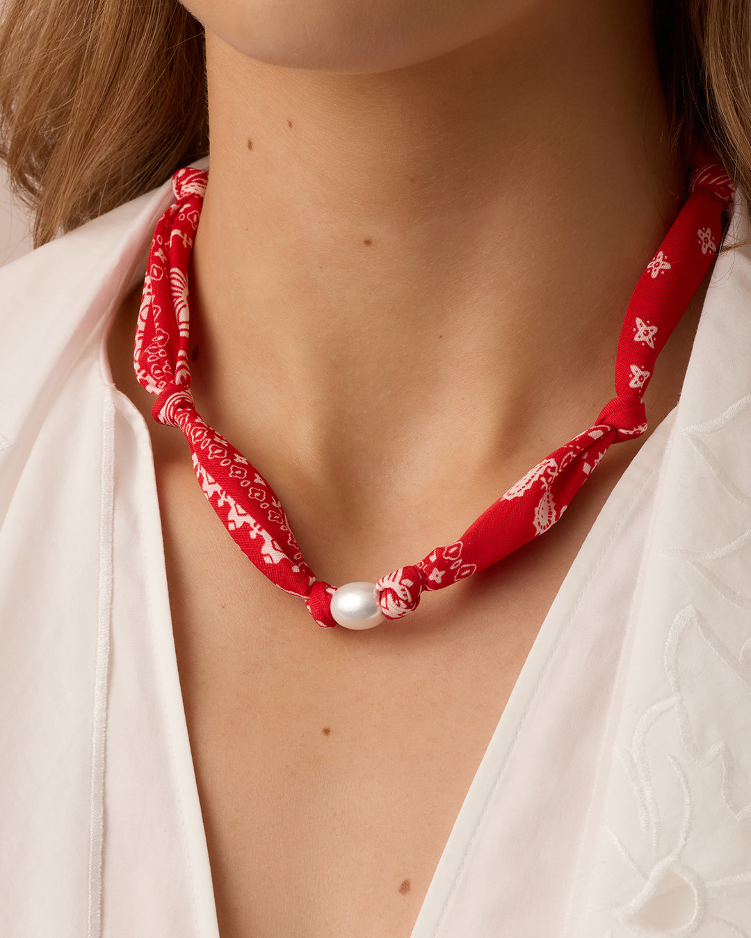 Paisley Bandana Pearl Necklace || option::18K Gold Plated, Red