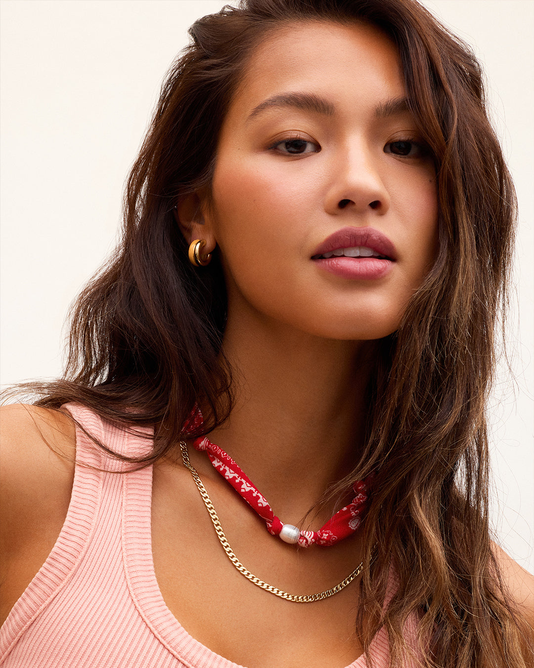 Paisley Bandana Pearl Necklace || option::18K Gold Plated, Red