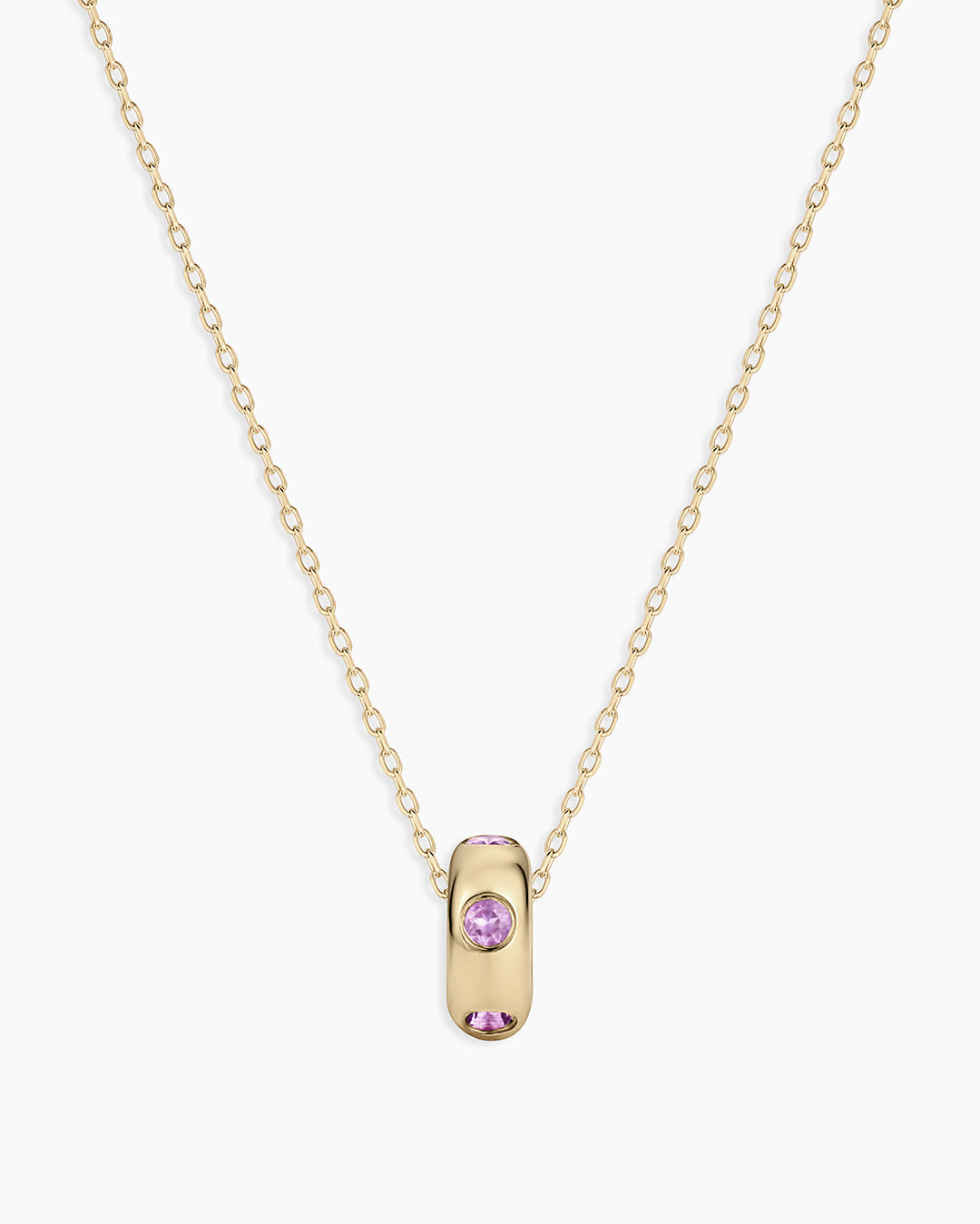 14K Gold Birthstone Halo Charm Necklace || option::14K Solid Gold, Amethyst - February