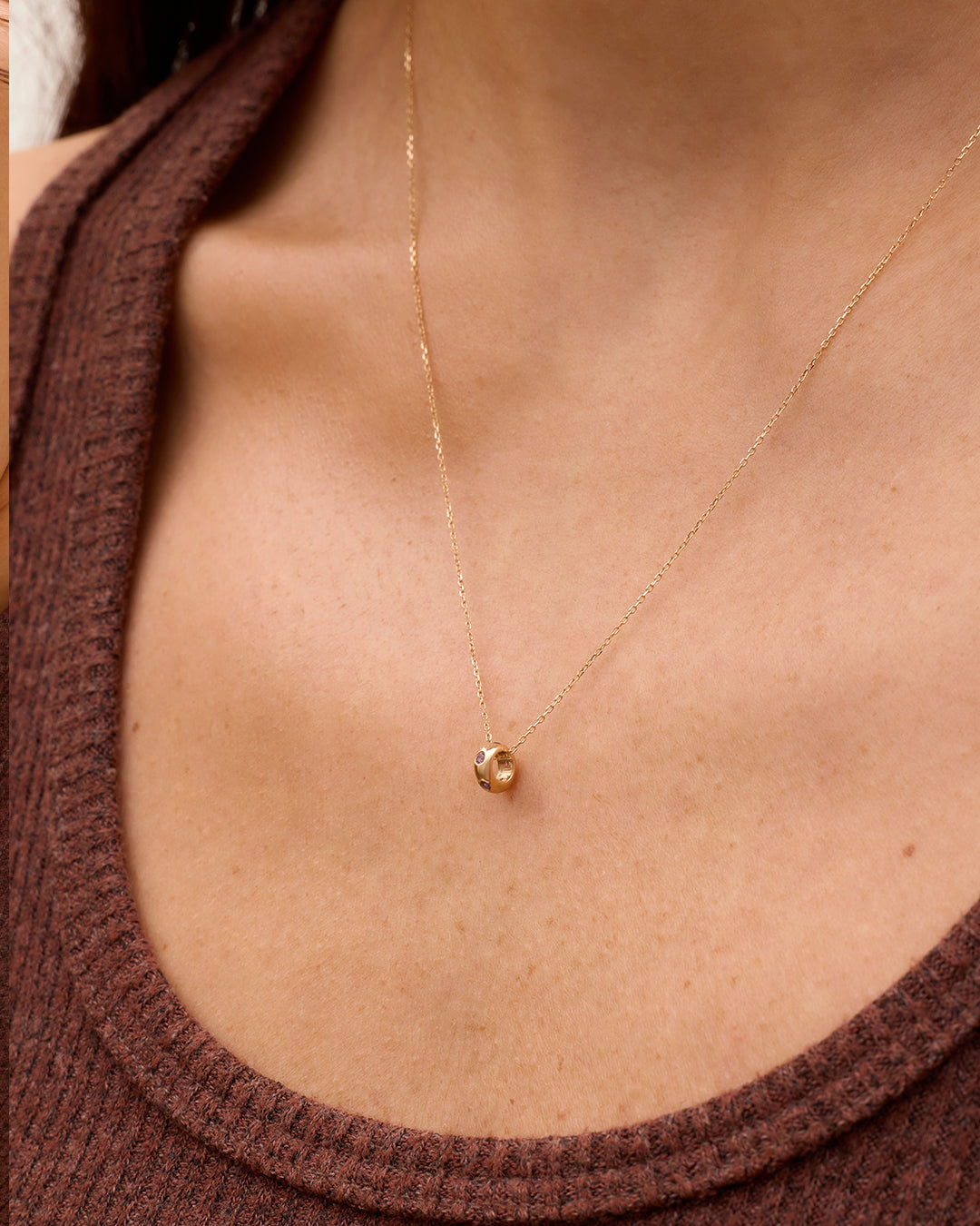 14K Gold Birthstone Halo Charm Necklace || option::14K Solid Gold, Amethyst - February