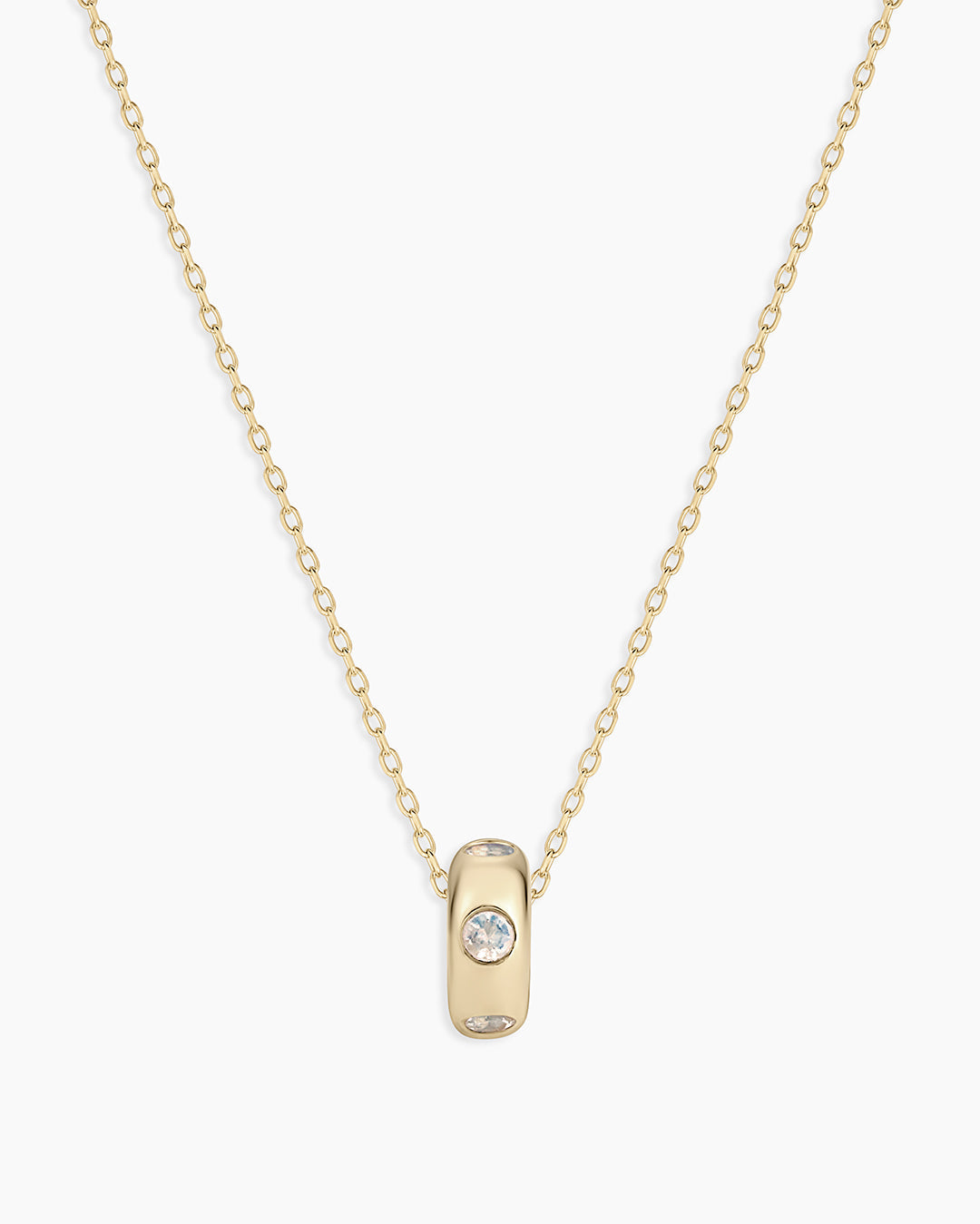 14K Gold Birthstone Halo Charm Necklace || option::14K Solid Gold, Moonstone - June