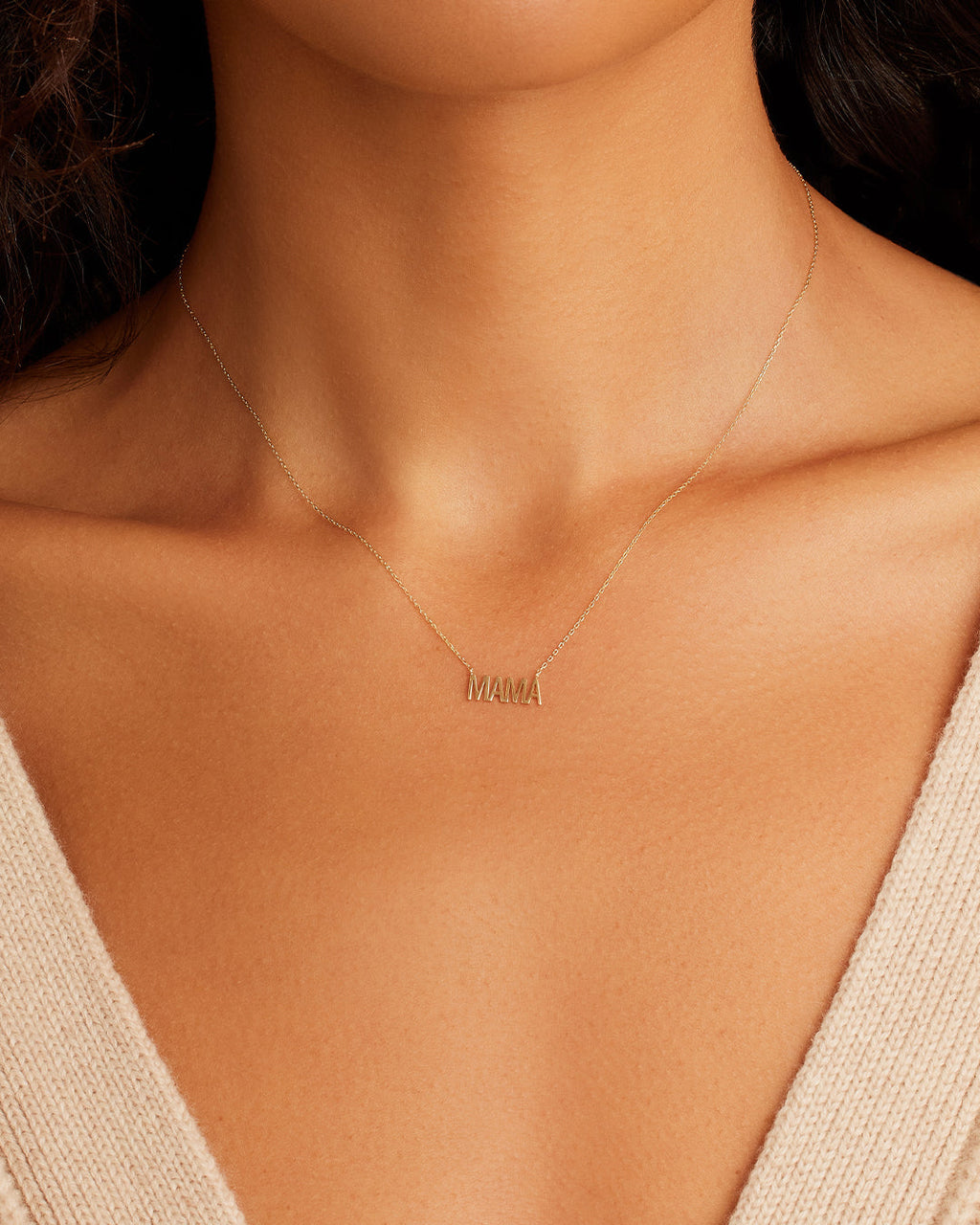 Woman wearing Mama Necklace || option::14K Solid Gold
