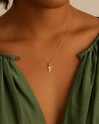 Diamond Vintage Alphabet Necklace || option::14K Solid Gold, F