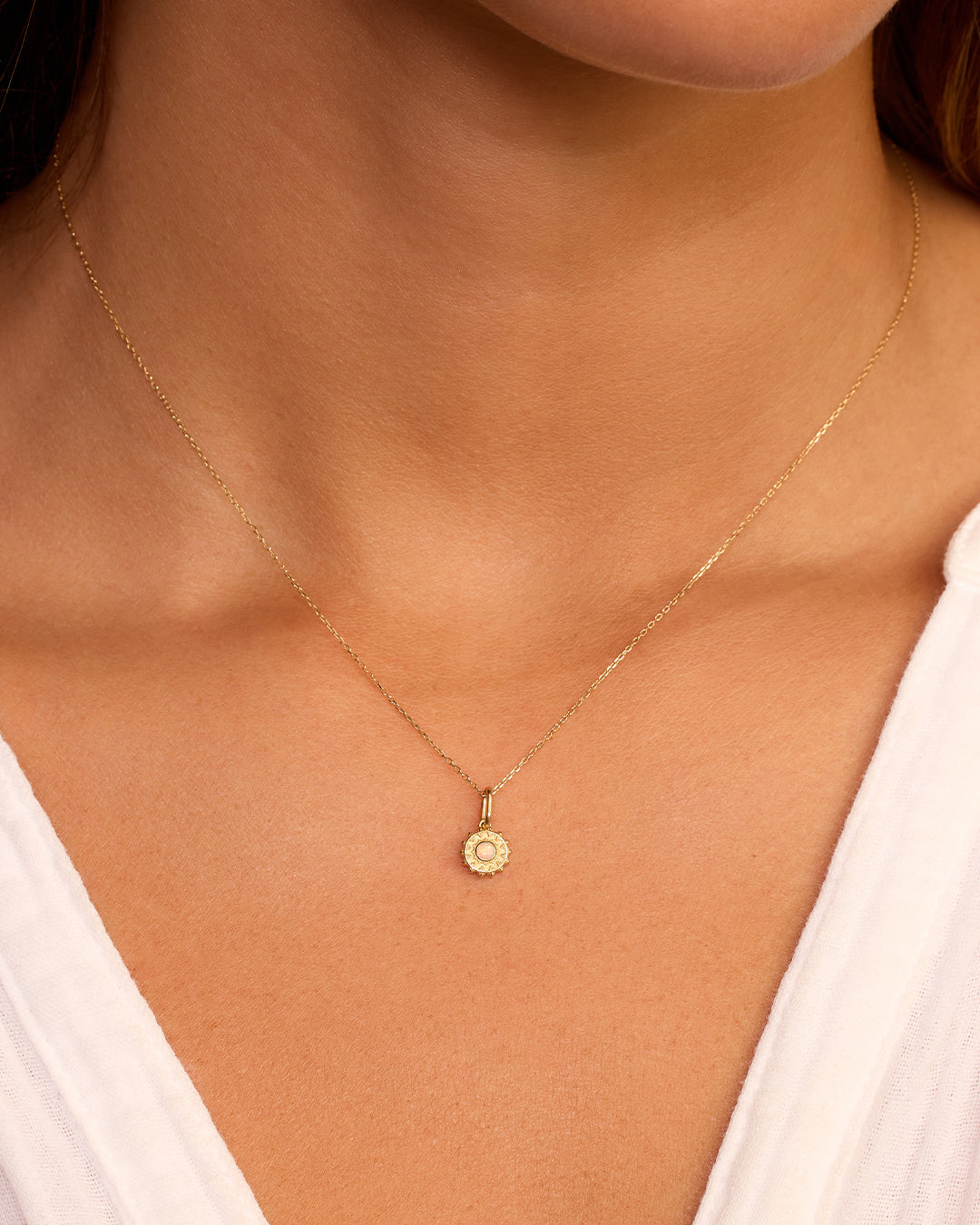 Sun Birthstone Charm Necklace || option::14K Solid Gold, Opal - October