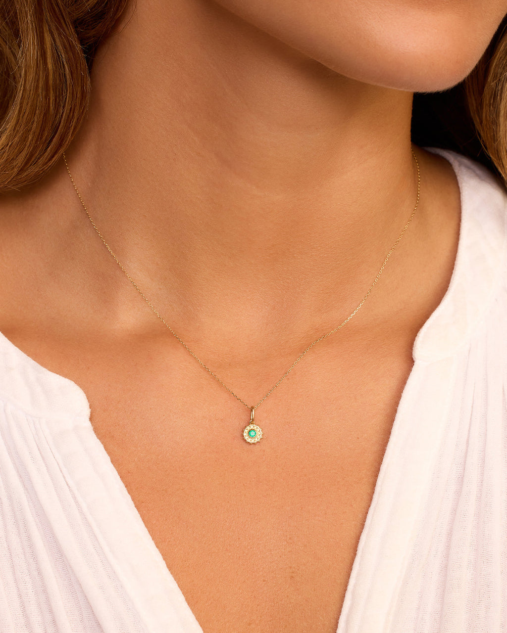 Sun Birthstone Charm Necklace || option::14K Solid Gold, Green Agate - May