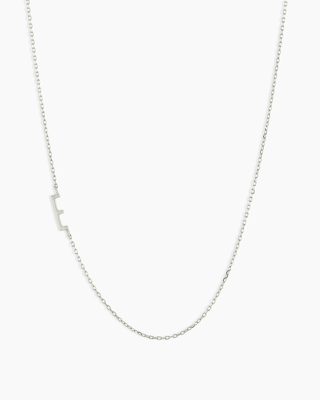 Woman wearing Alphabet Necklace || option::14K Solid White Gold, E