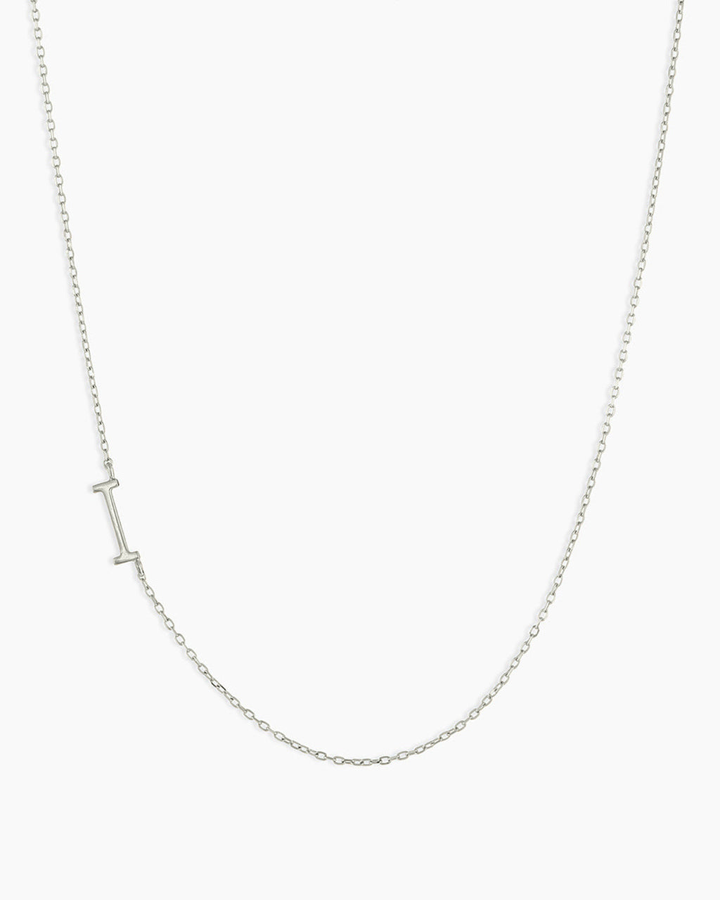 Woman wearing Alphabet Necklace || option::14K Solid White Gold, I