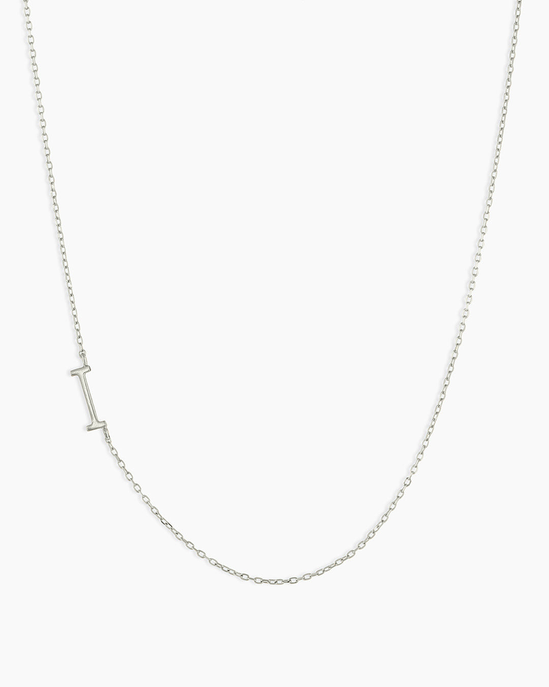 Woman wearing Alphabet Necklace || option::14K Solid White Gold, I