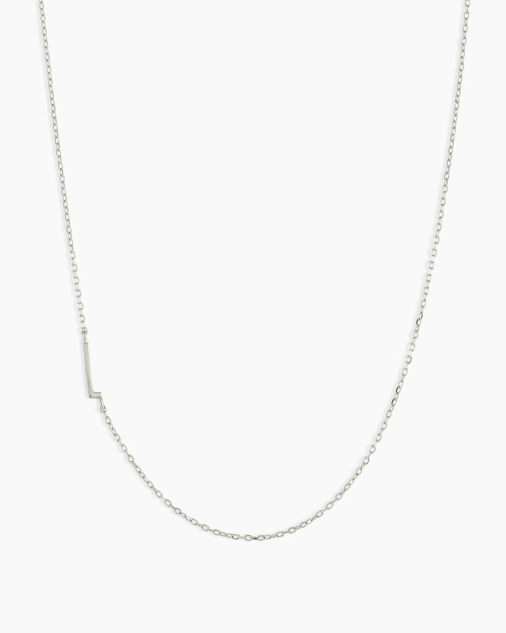 Woman wearing Alphabet Necklace || option::14K Solid White Gold, L