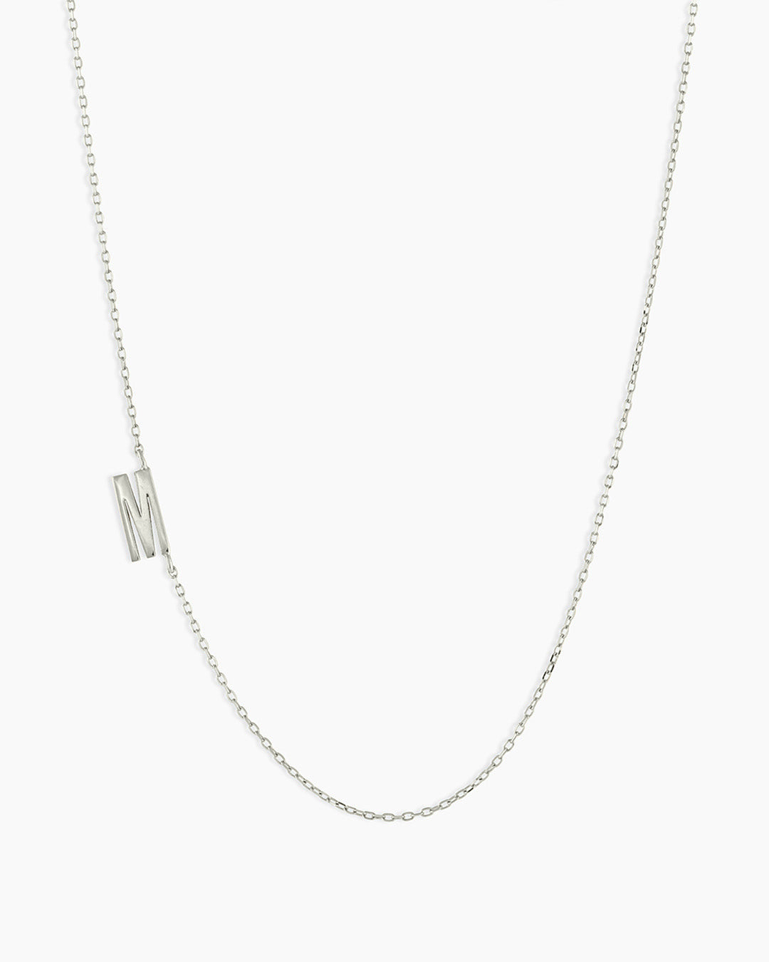 Woman wearing Alphabet Necklace || option::14K Solid White Gold, M