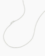 Woman wearing Alphabet Necklace || option::14K Solid White Gold, Q