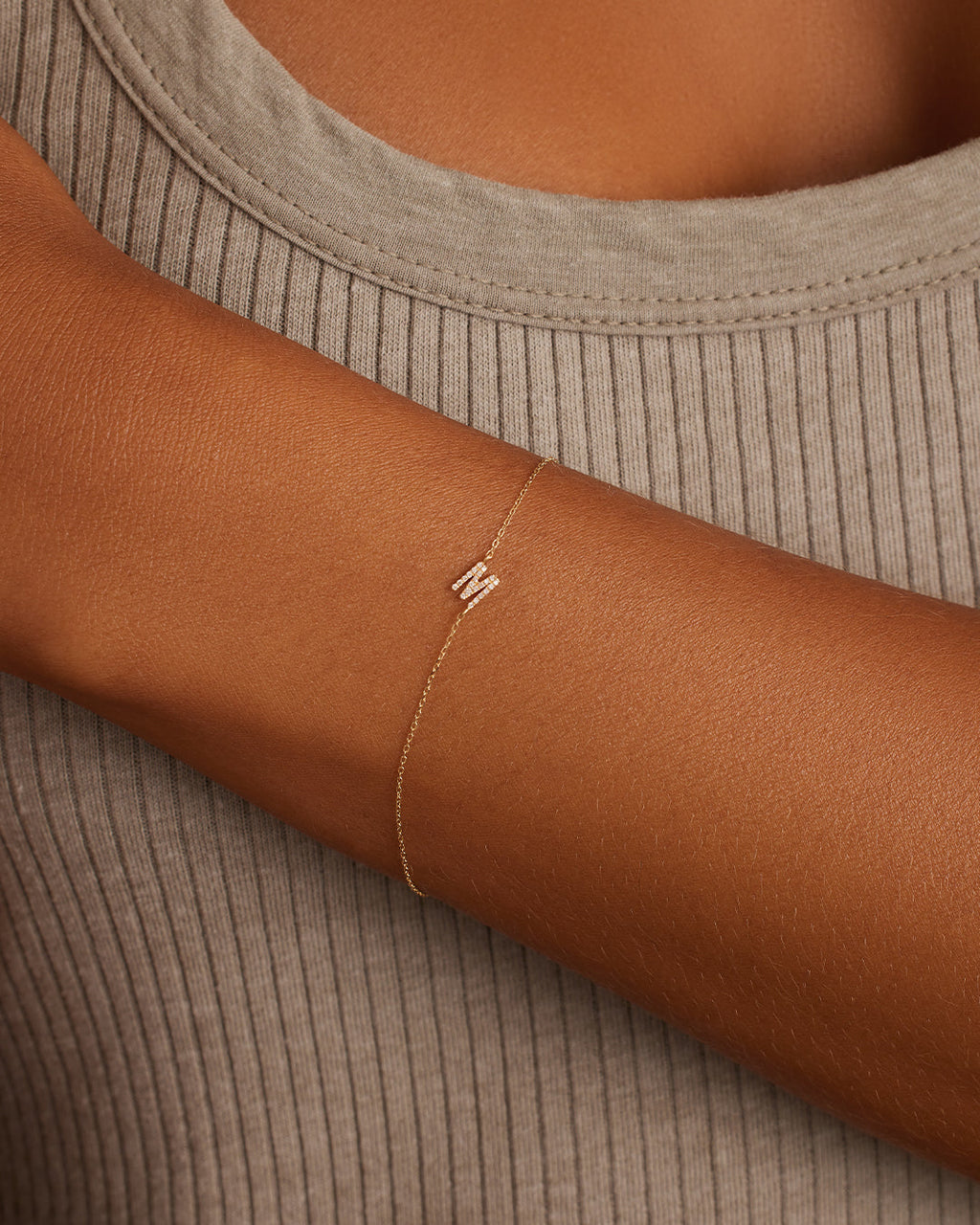 Diamond Pavé Alphabet Bracelet #M || option::14K Solid Gold, M