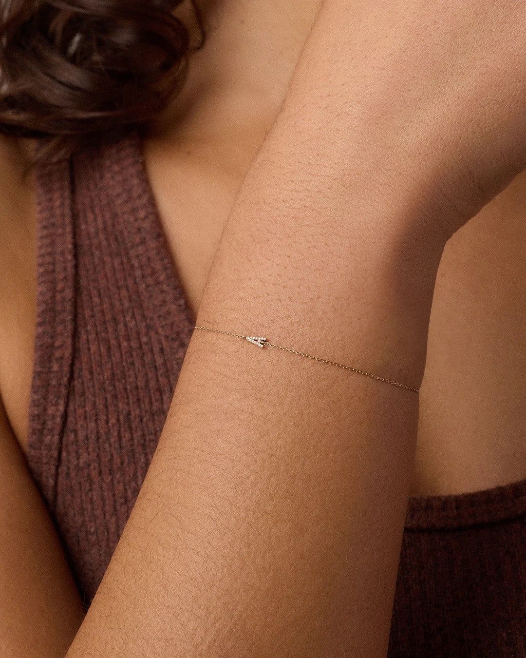 Diamond Pavé Alphabet Bracelet #A || option::14K Solid Gold, A