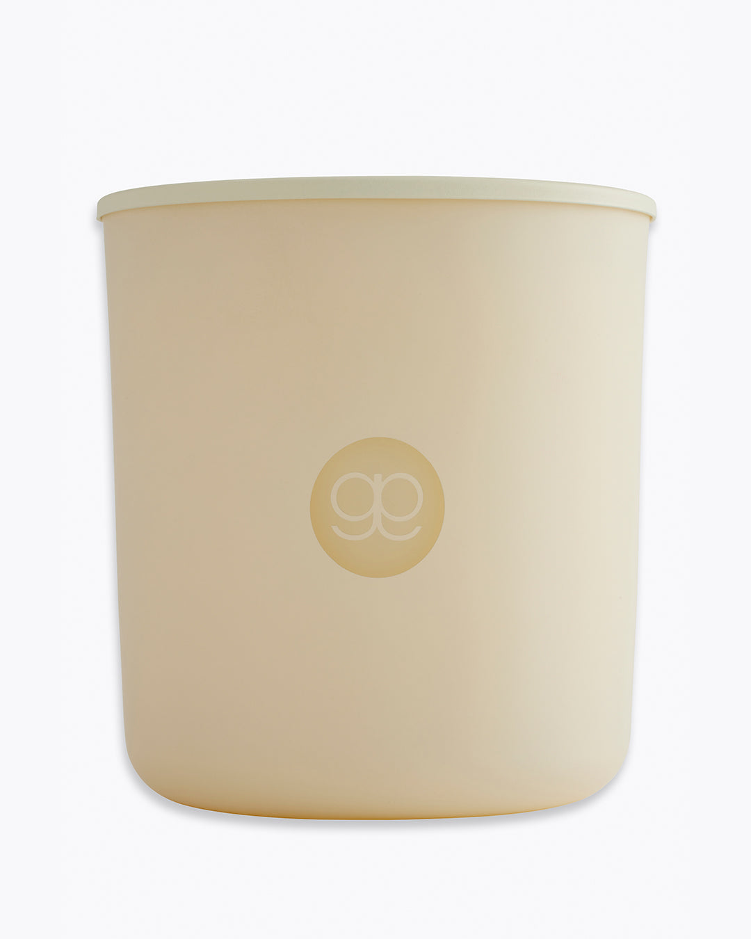 Beige candle with a logo on a white background